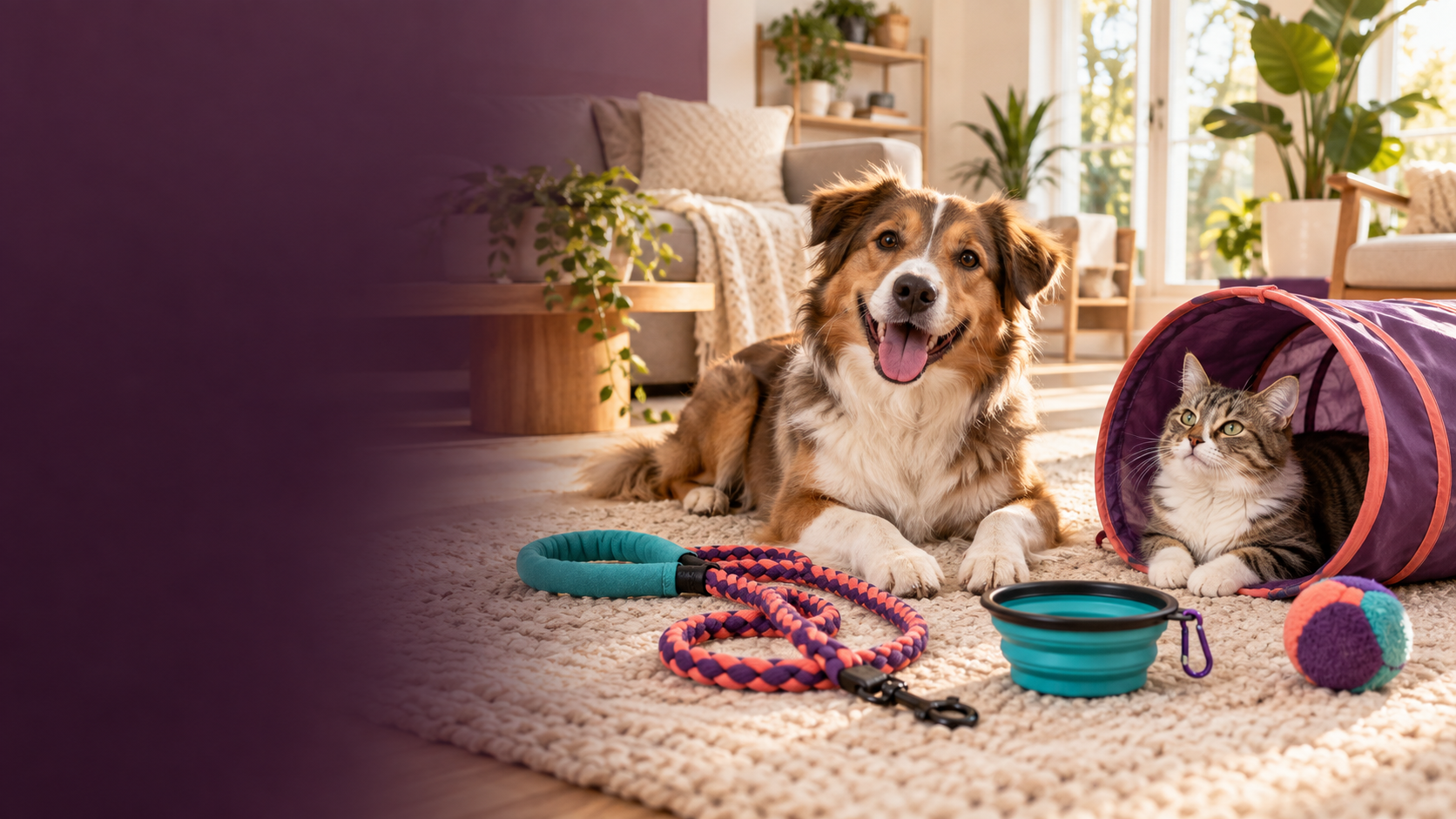A happy dog and cat relaxing with colorful Mavrenna-inspired pet essentials